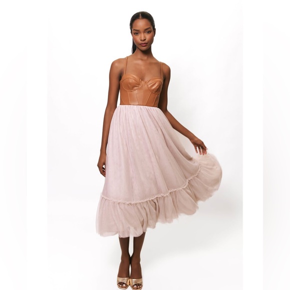 Hutch Essex Bustier Faux Leather Tulle Midi Dress